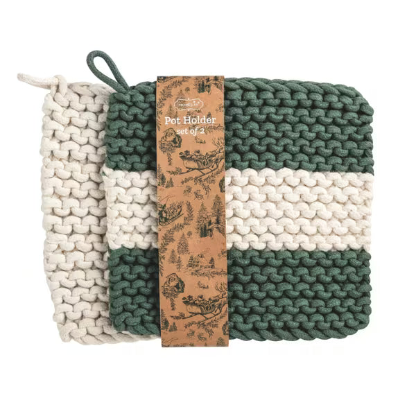 MUD PIE CHUNKY WHITE & GREEN STRIPE POT HOLDER SET