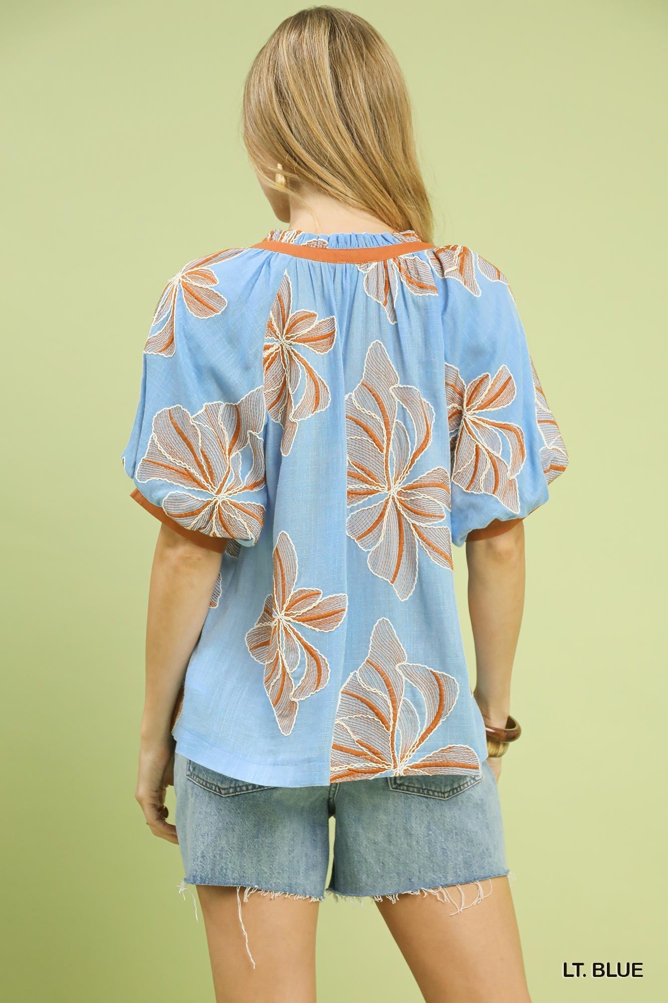 Umgee Embroidered V-neck Top-Lt. Blue