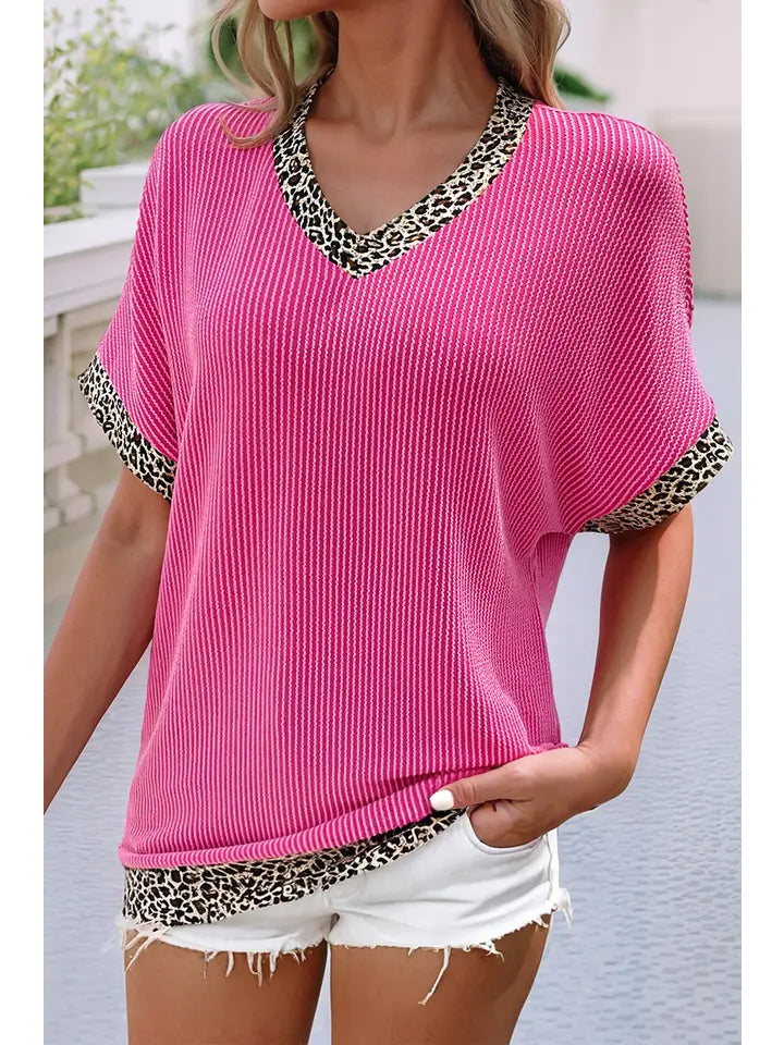 Leopard Patchwork Corded Texture V Neck T Shirt