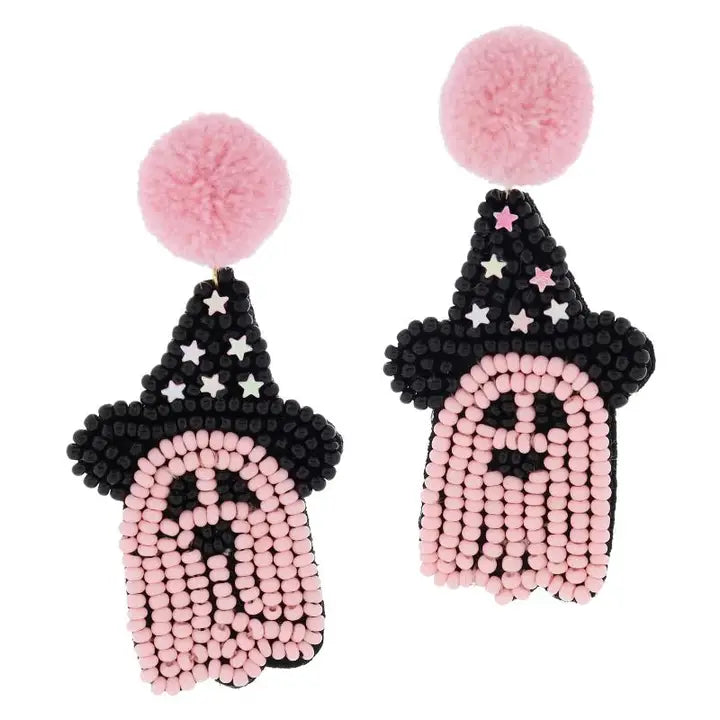 Jane Marie Pink Pom Post with Pink Ghost in Witch Hat & Stars Earrings