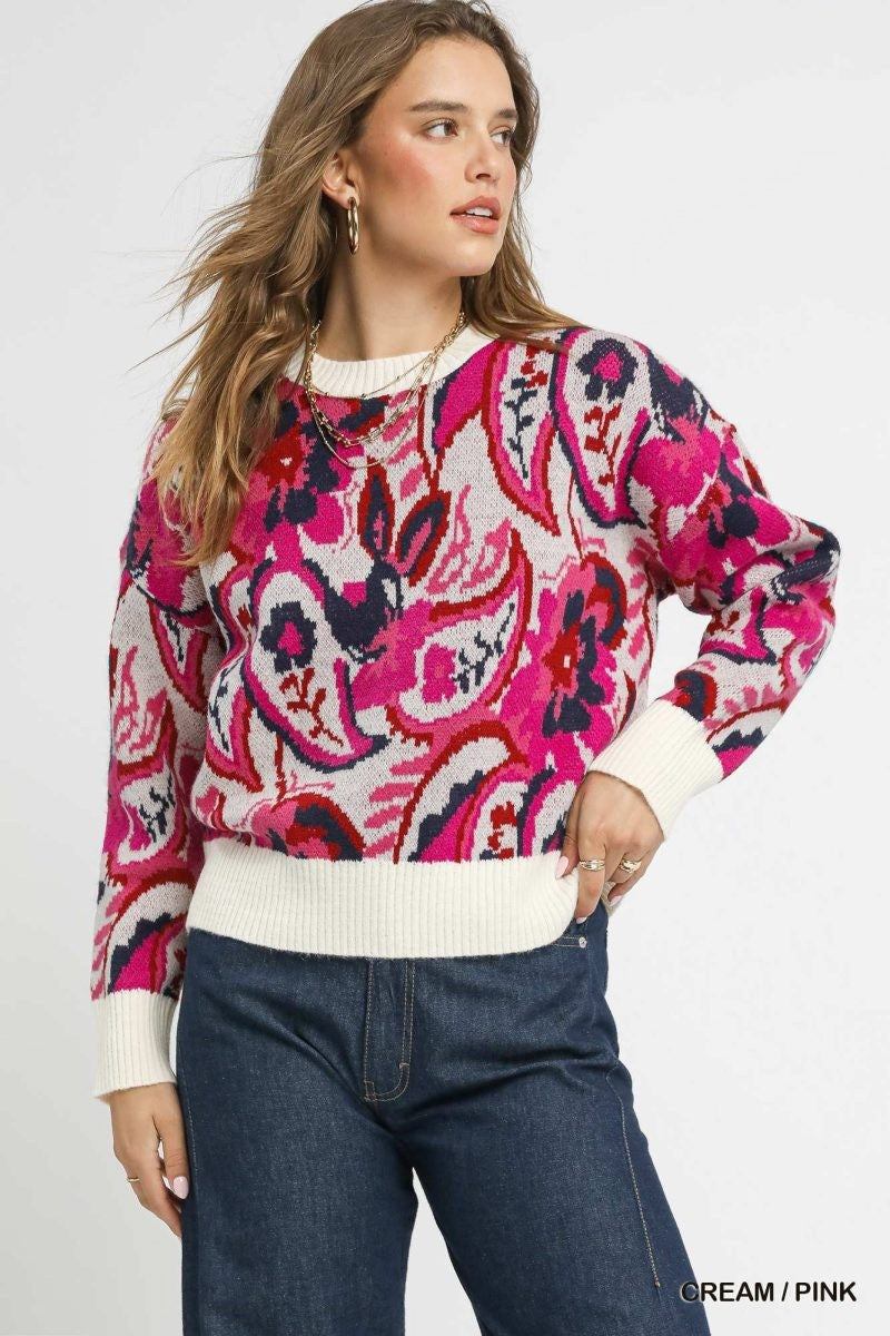 Umgee Paisley Knit Sweater With Ribbed Trim