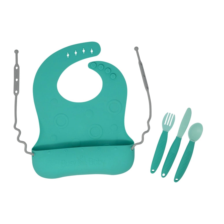 Busy Baby Stop-Drop Travel Bib+ Utensils-Spearmint