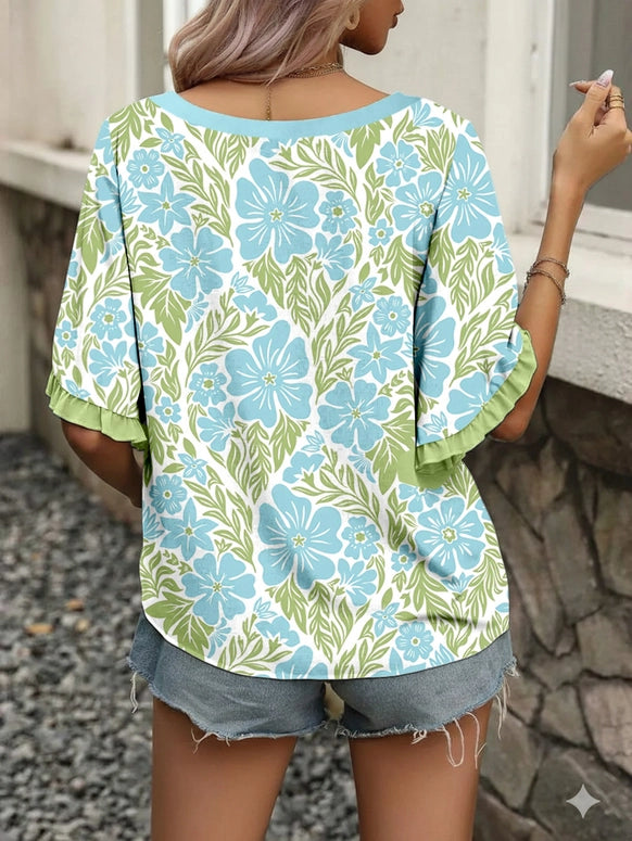 Floral Printed Lace Decorative Shorts Sleeve Top