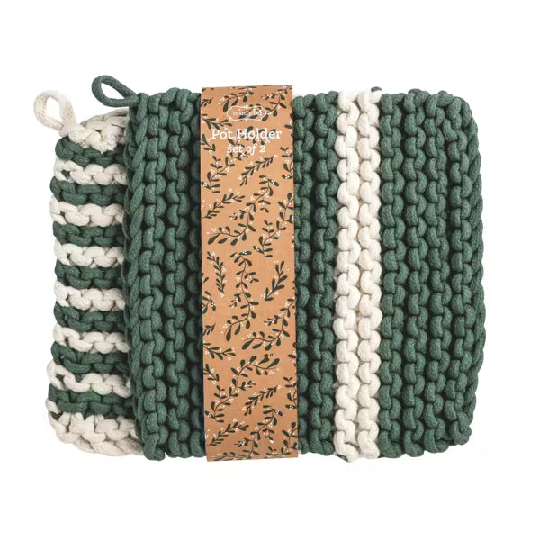 MUD PIE WHITE & GREEN STRIPE POT HOLDER SET