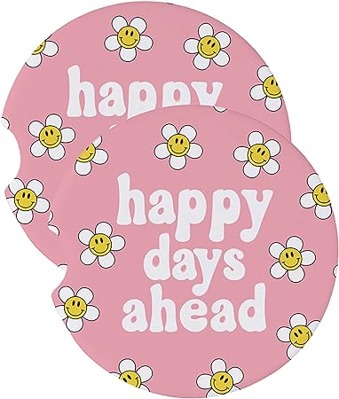 Mary Square Happy Days Ahead Pink Floral Ceramic Absorbent Car Coaster