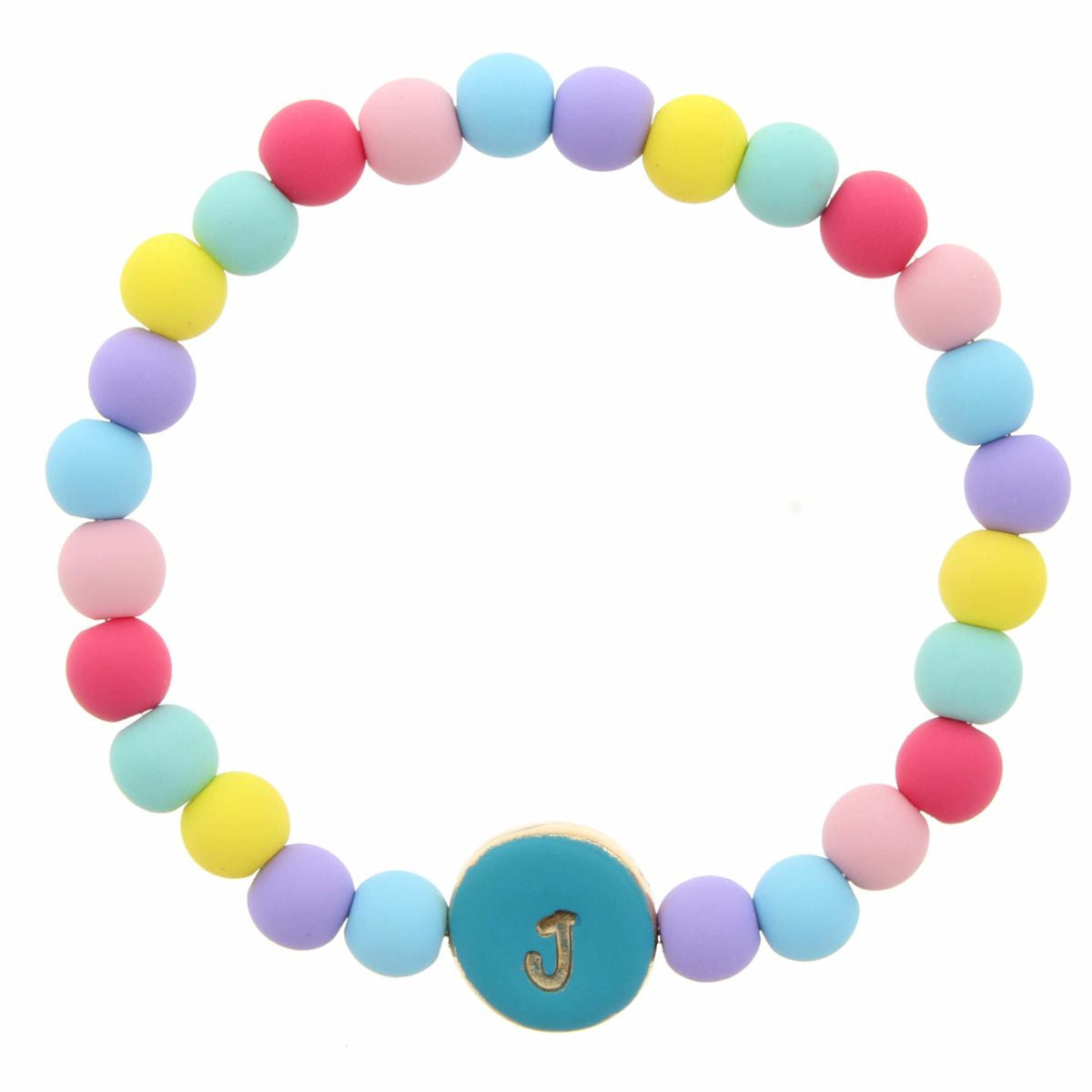 JANE MARIE KIDS "J" TURQUOISE STAMPED DISK MULTI COLORED BEADED STRETCH BRACELET