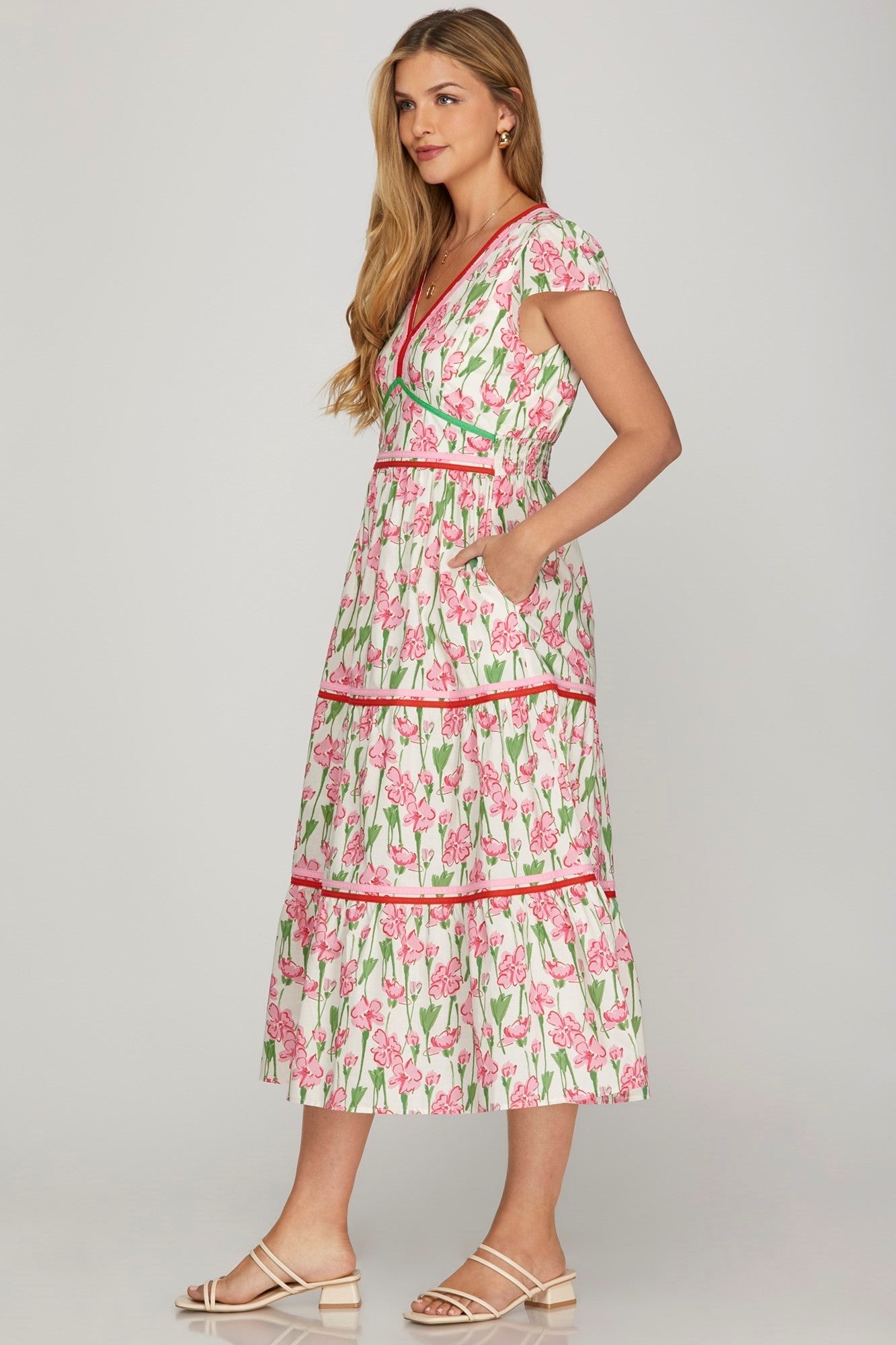She + Sky Rint Poplin Woven Tiered Dress-Pink