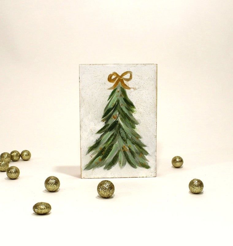 Trade Cie Handpainted Glittered Solid MDF Table Sign, Tree with Gold Bow