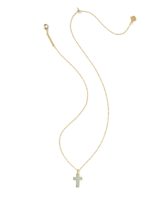 KENDRA SCOTT CROSS PENDANT NECKLACE GOLD MATTE LIGHT BLUE DICHROIC GLASS