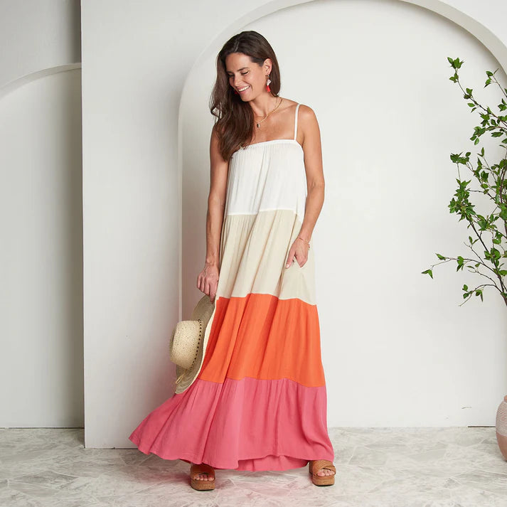 ELSIE & ZOEY Amryn Color Block Tiered Maxi Dress-Raspberry