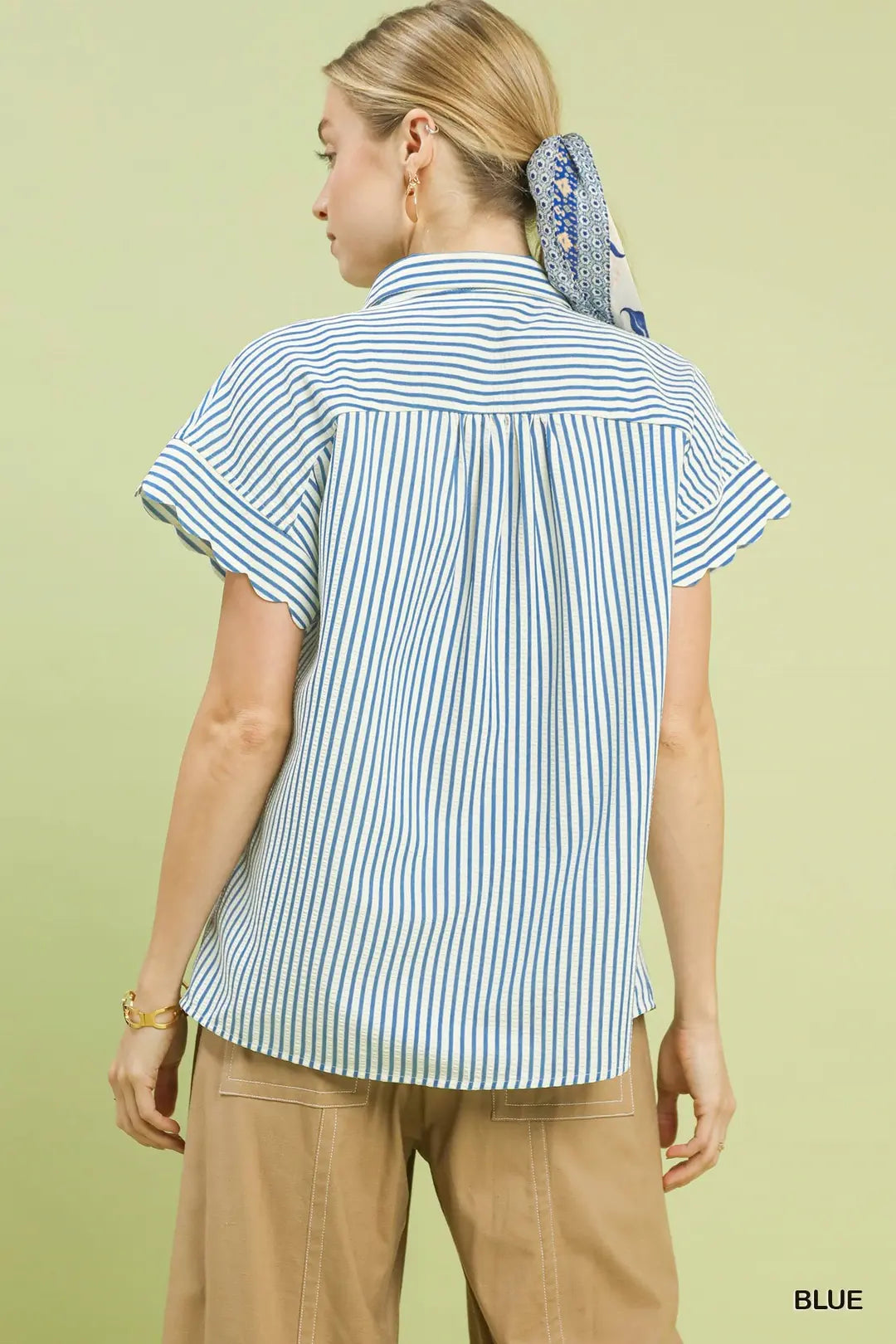 Umgee Striped Button-Down Top with Scallop Sleeves