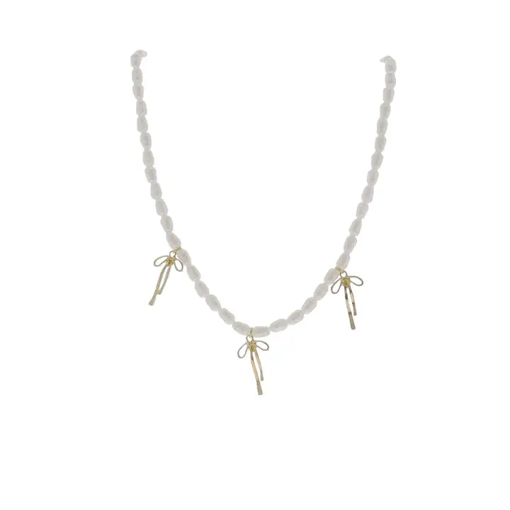 Jane Marie White Pearl Beaded Necklace with Gold Bows