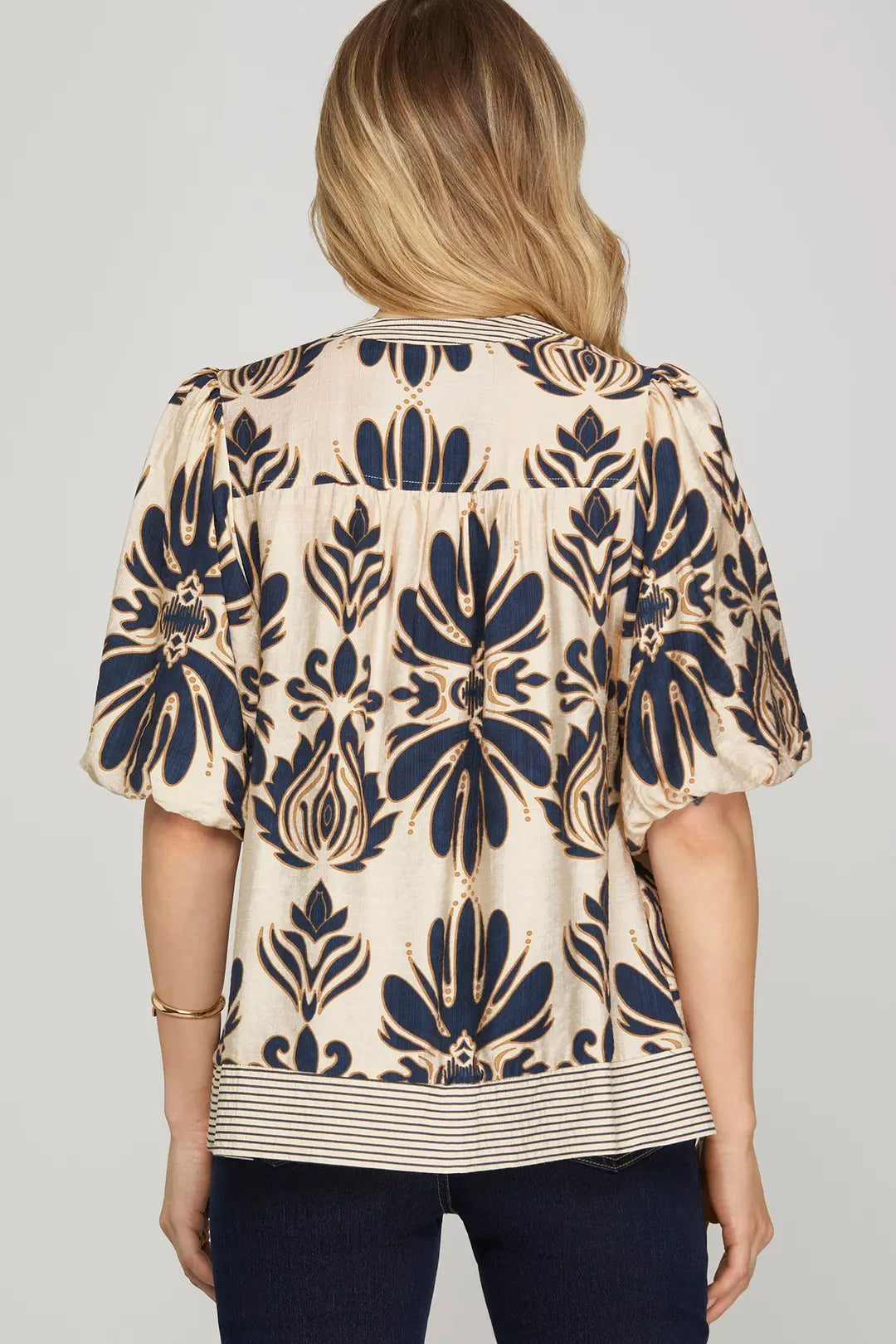 She + Sky Bubble Sleeve Printed Woven Top