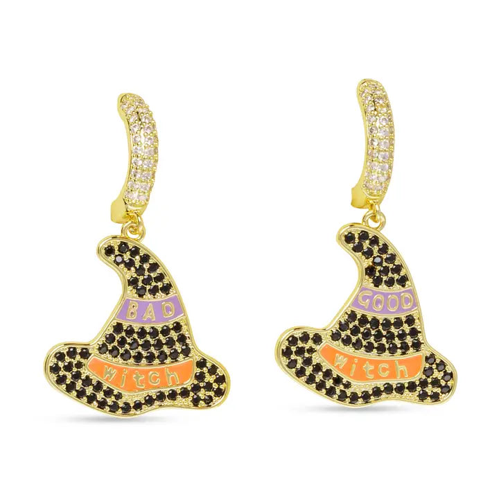 Amanda Blu Gold Black Cz Good/Bad Witch Hat Earrings