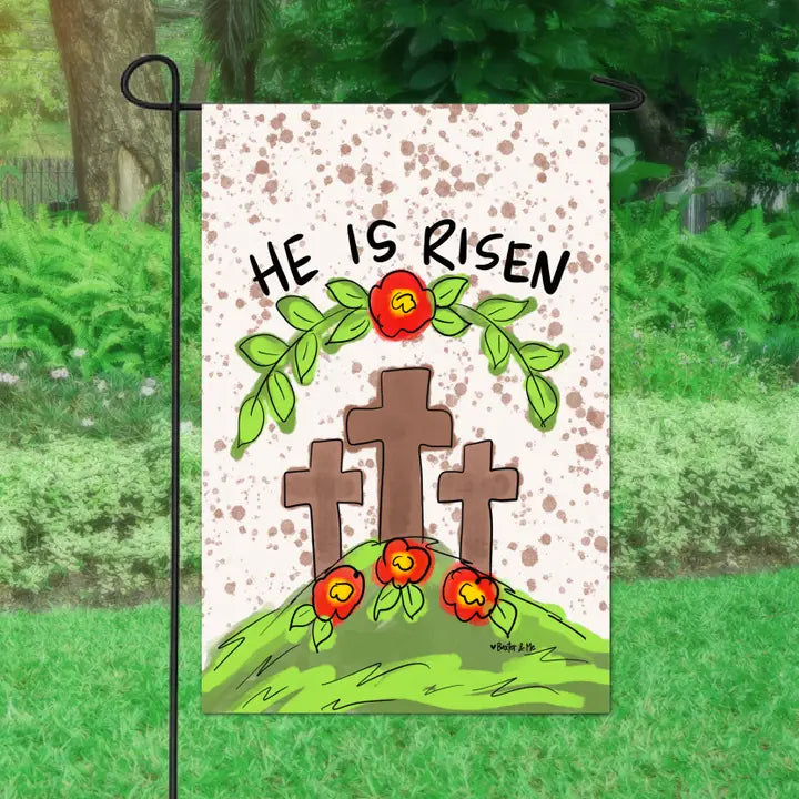 Baxter & Me He Is Risen 3 Cross Garden Flag