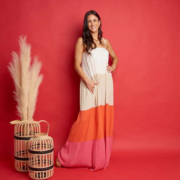 ELSIE & ZOEY Amryn Color Block Tiered Maxi Dress-Raspberry