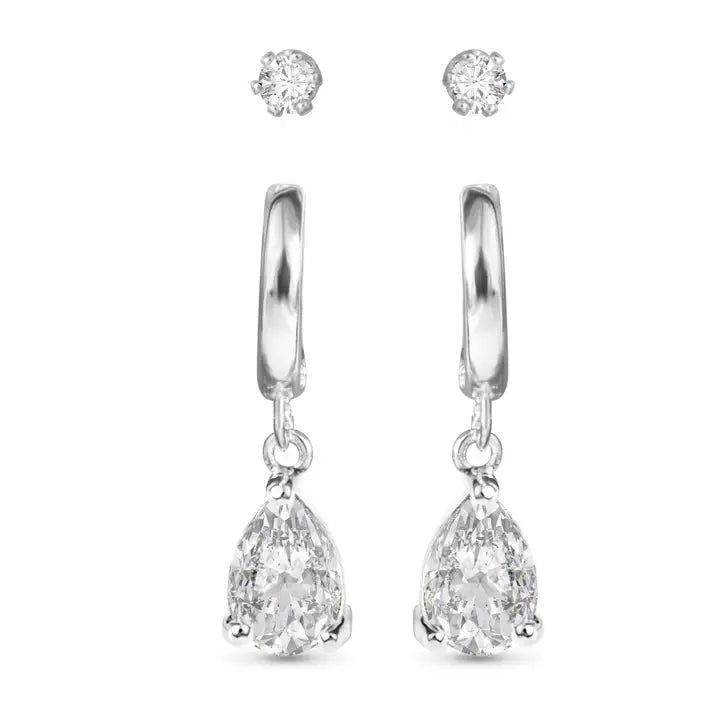 Amanda Blu Pear Cz Huggie and Cz Stud Duo Earrings - Silver