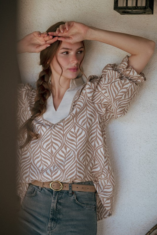 Jodifl Standing Collared Neck Boho Leaf Print Top