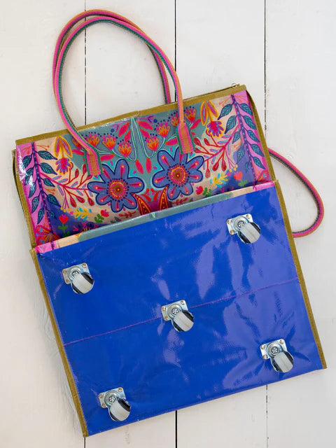 Natural Life Rolling Tote Bag-XL Royal Blue Folk Flower