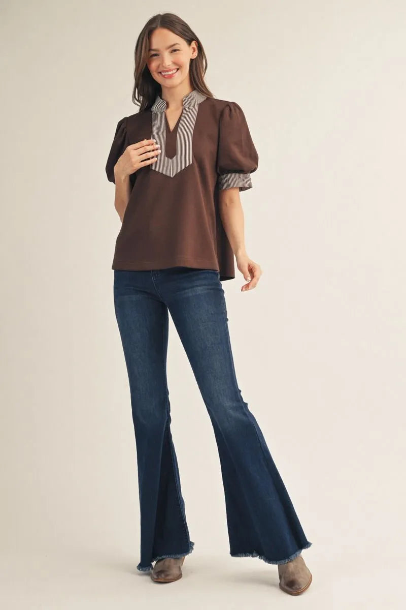 Jodifl Short Puff Sleeves High Neck Solid Top With Stripe Contrast Accent-Brown