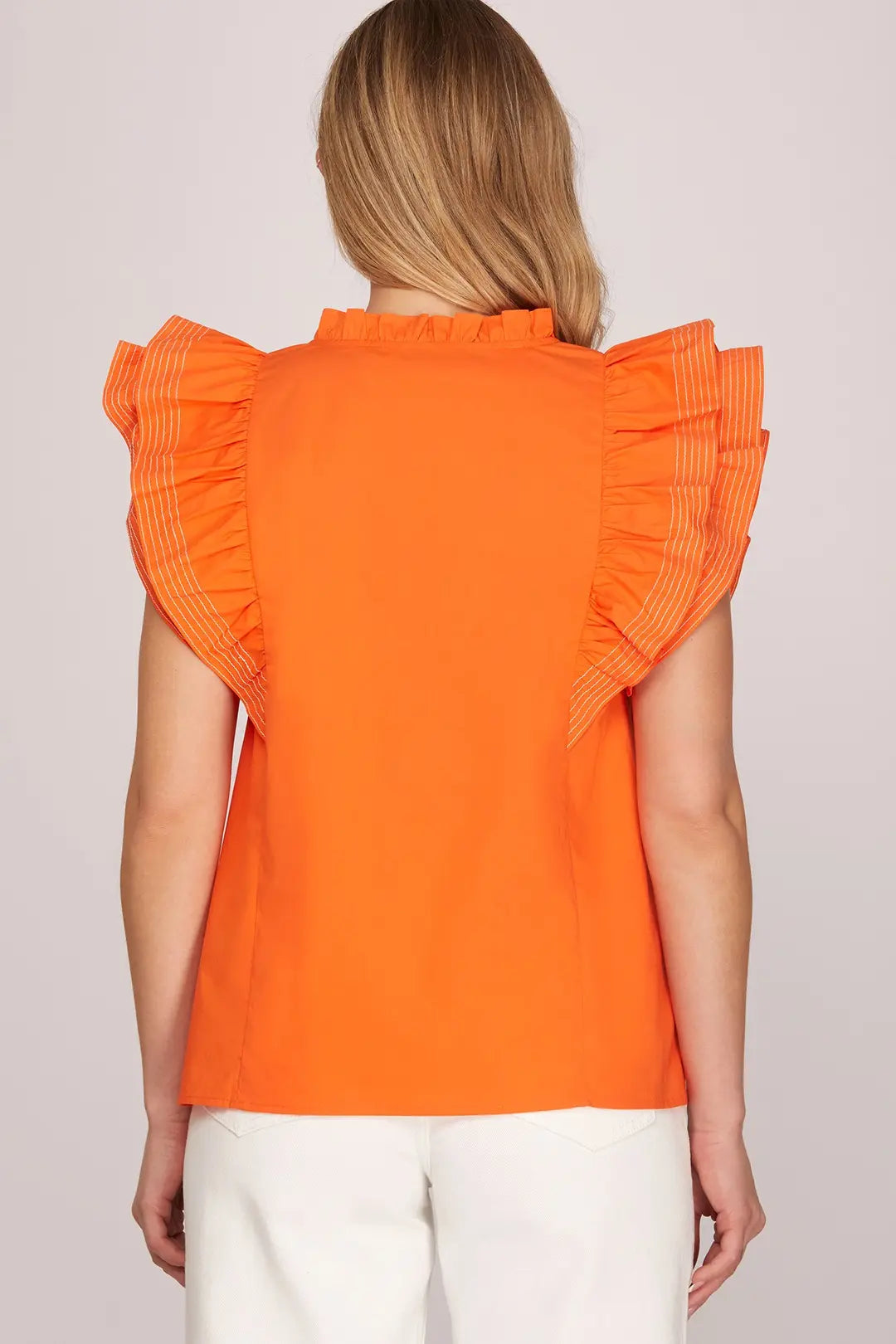 SHE + SKY RUFFLE SLEEVE STITCH DETAIL GAME DAY WOVEN TOP-ORANGE