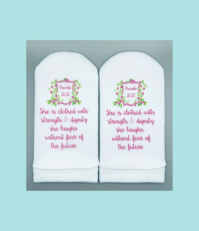 Standing on the Word Socks Crest with verse: Proverbs 31:25 She is clothed