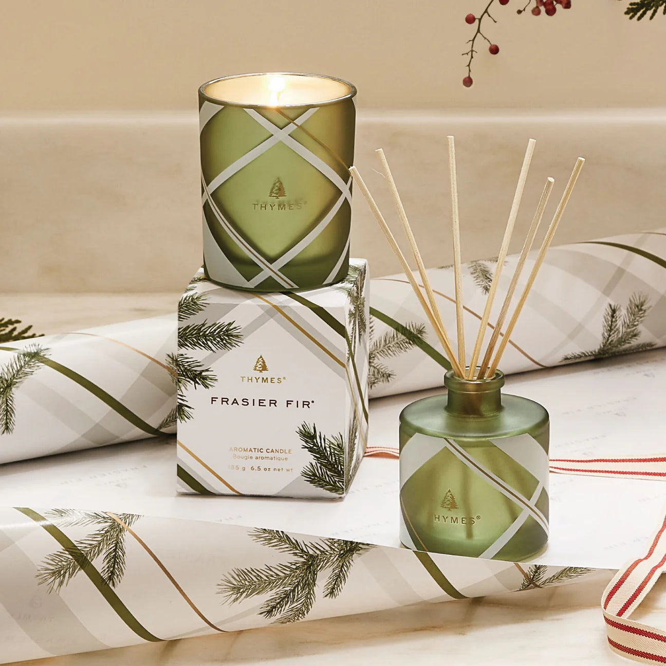 Thymes Frasier Fir Frosted Plaid 6.5 oz Poured Candle