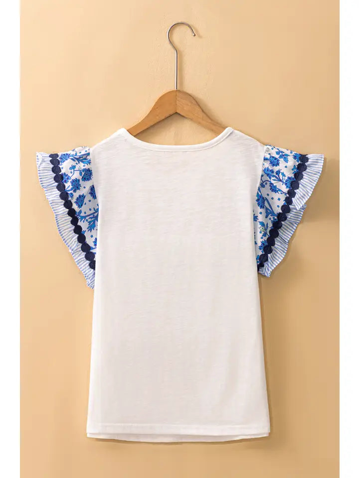 Ricrac Trim Printed Flutter Sleeve Contrast Patchwork Blouse