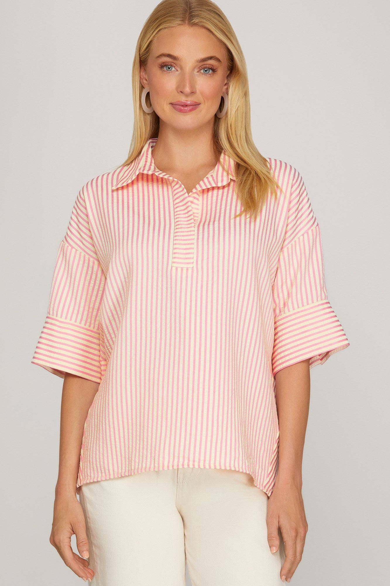 She + Sky Oversized Striped Top-Pink