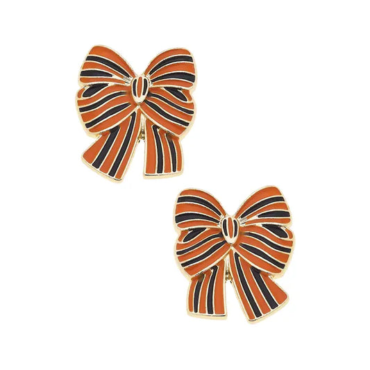 Canvas Style Halloween Striped Bow Stud Earrings in Orange & Black