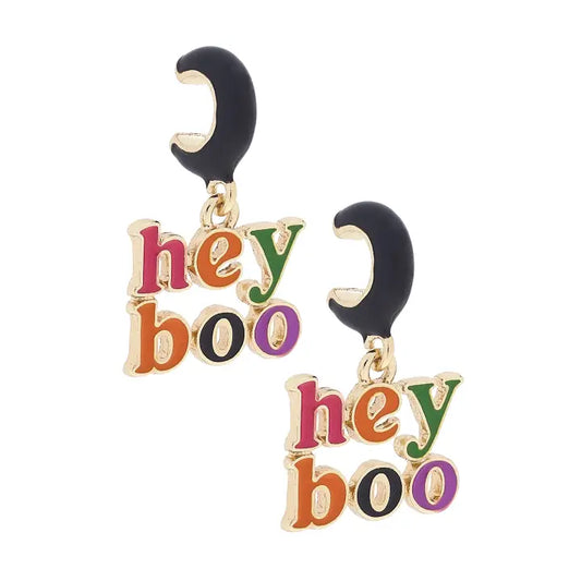 Canvas Style Hey Boo Enamel Huggie Hoop Earrings in Black