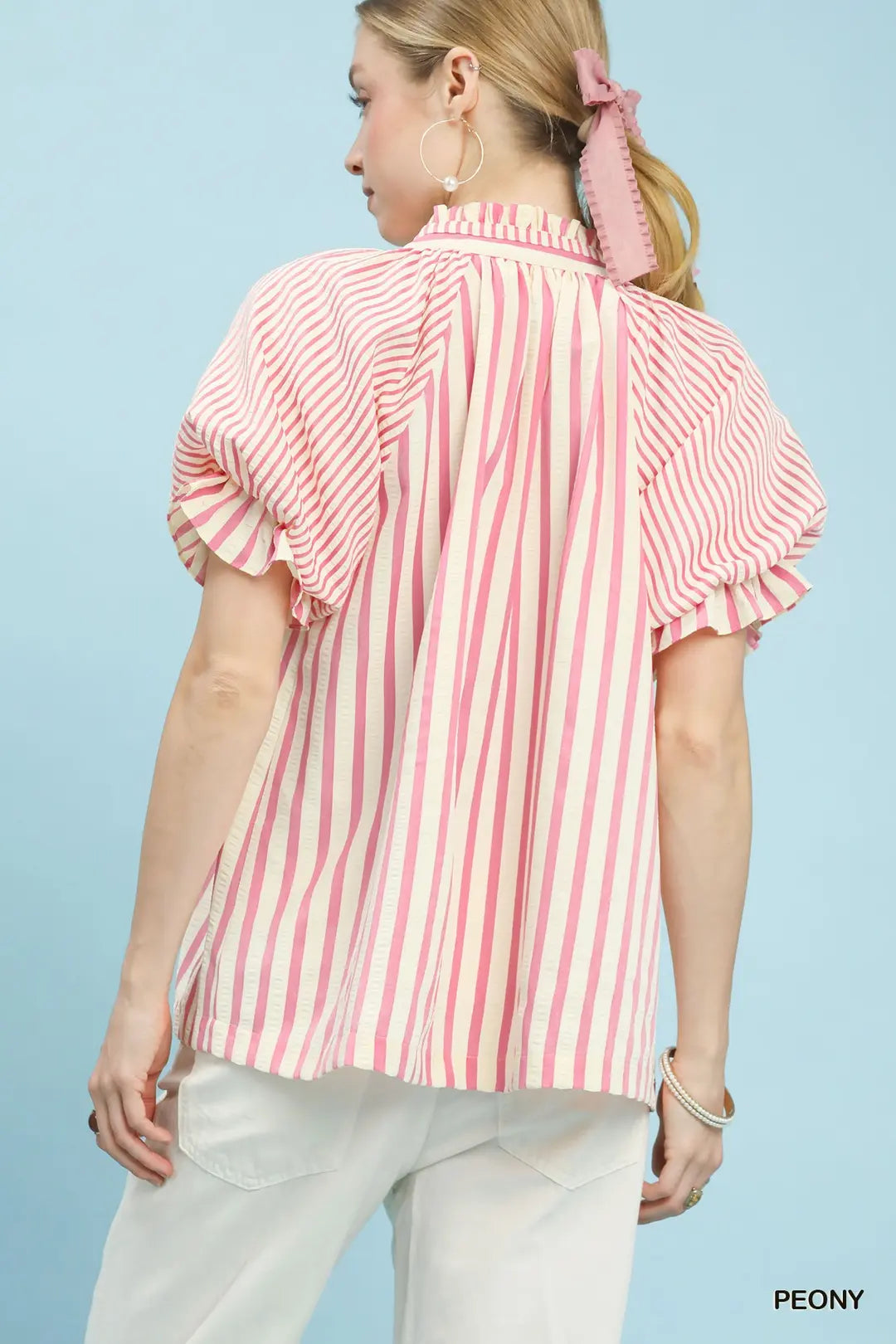 Umgee Striped V-Neck Top-Peony
