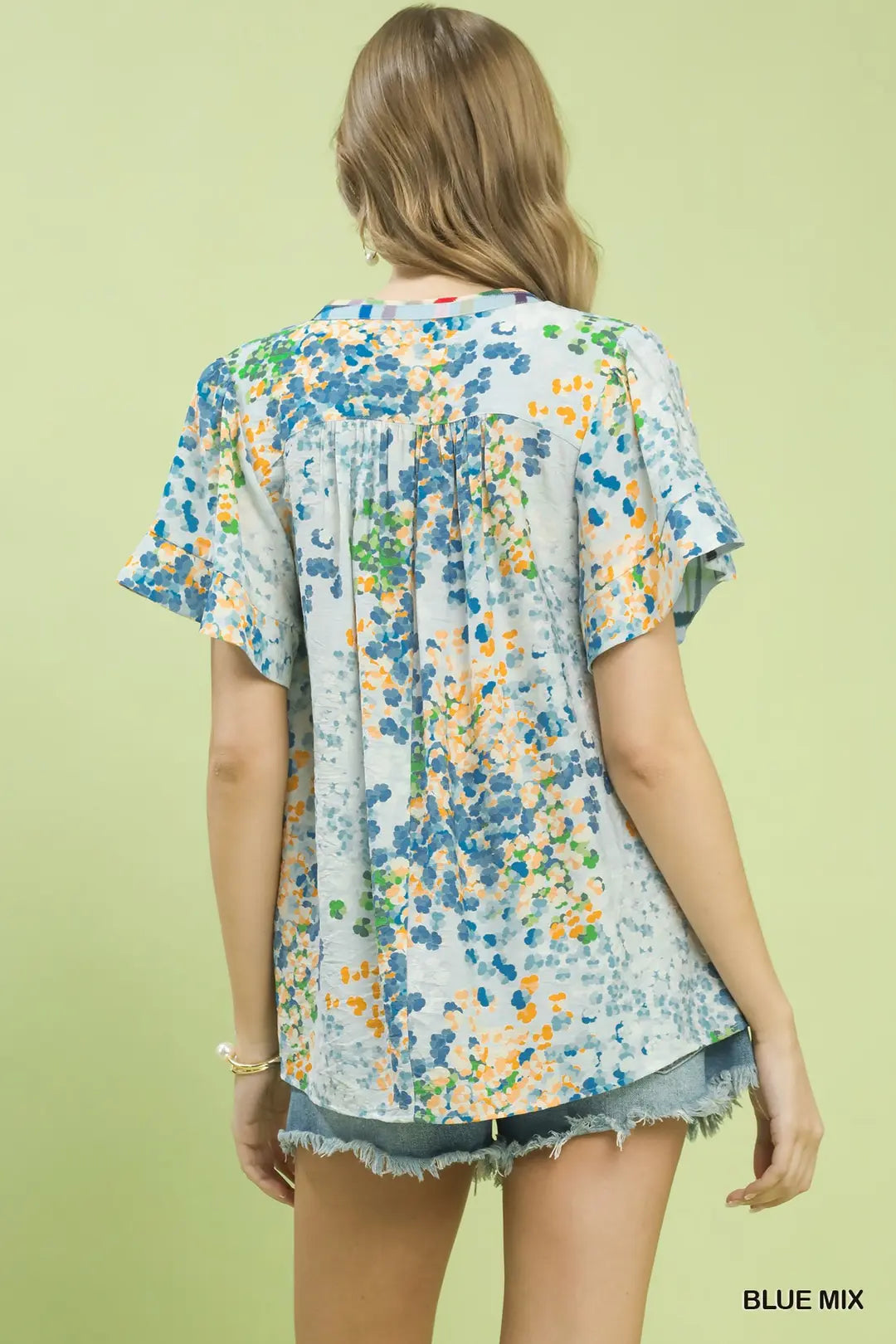 Umgee Mix Media Flutter Sleeve Blouse-Blue Mix