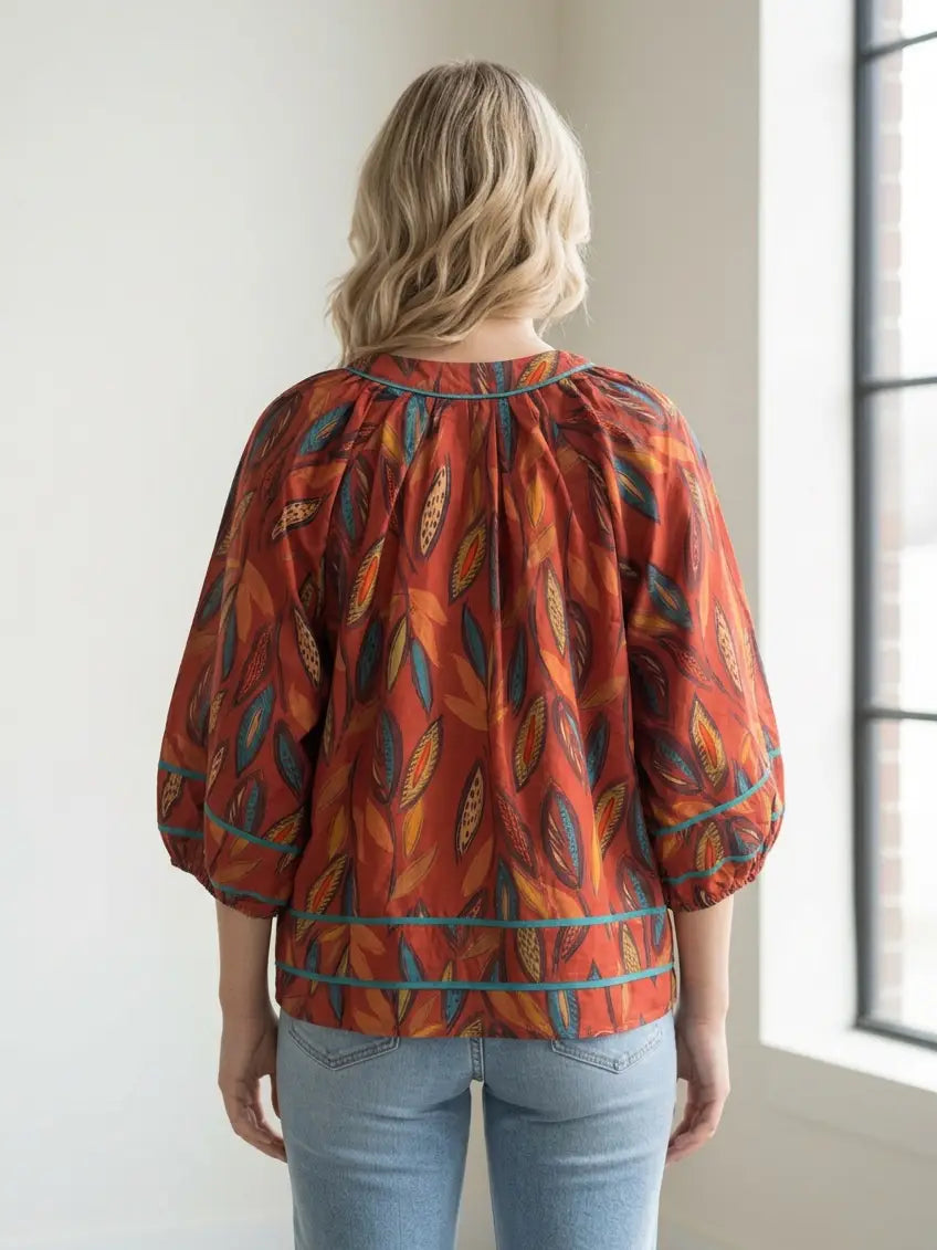 Heimish Leaf Print Contrast Trim Peasant Blouse