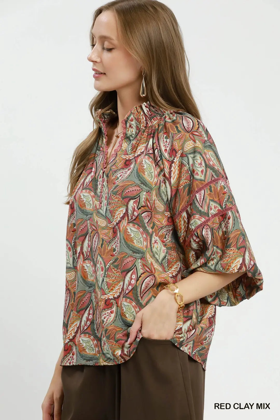 Umgee Mix Botanical Print Puff Sleeve Blouse-Red Clay Mix