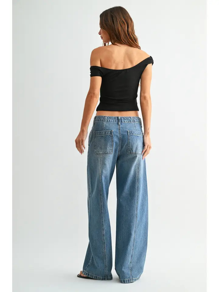 JBD No Pocket Seamed Trouser Wide Leg - Medium Denim