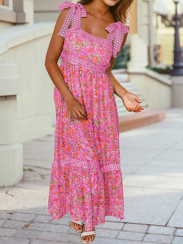 Floral Lace Tied Strap Empire Waist Maxi Dress