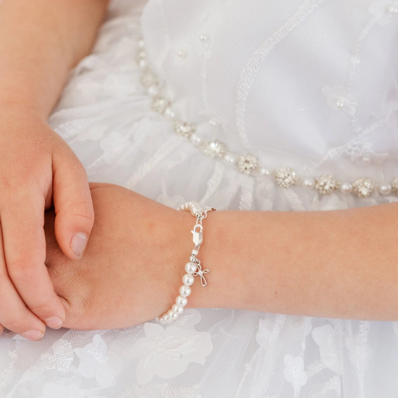 Cherished Moments Girls Silver Pearl Baby Baptism Bracelet, 1st Communion Gift