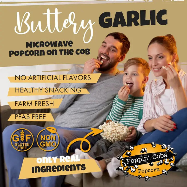 Poppin' Cobs Popcorn On the Cob with Buttery Garlic Seasoning