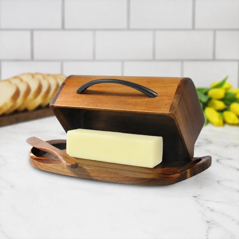 Butterie Acacia Wood Flip-Top Butter Dish w/ Spreader - Black Handle
