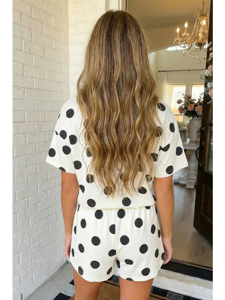 Las Polka Dot Print Loose Tee Drawstring Short Set