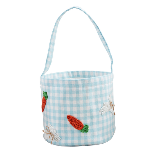 MUD PIE BLUE GINGHAM BEADED EASTER BASKET