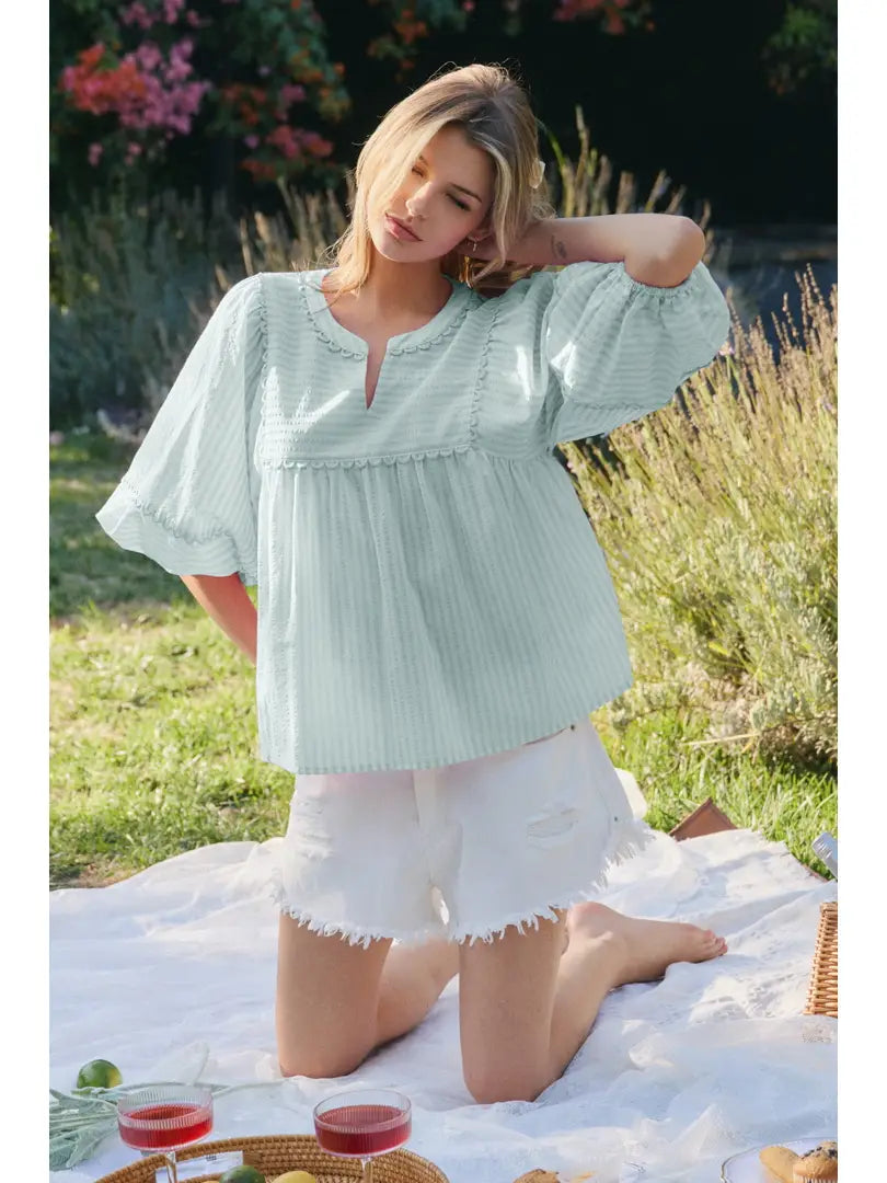 Oddi Striped Woven Top-Sage Mint