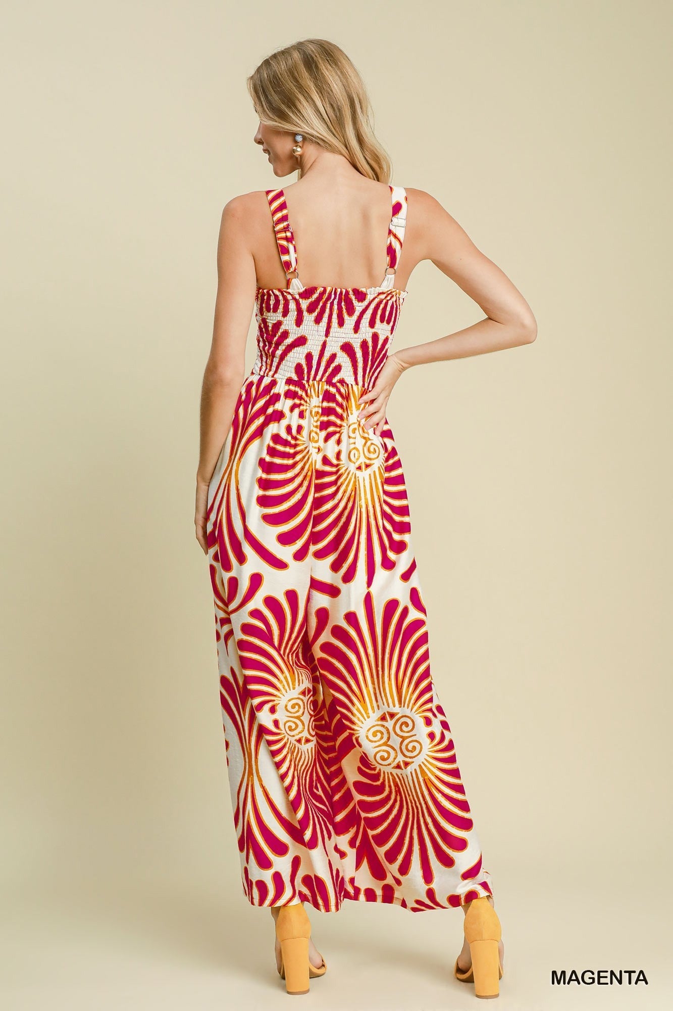 Umgee Printed Smocked Jumpsuit