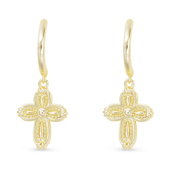 Amanda Blu Gold Patterned Small Cross Hoop Drop Earrings