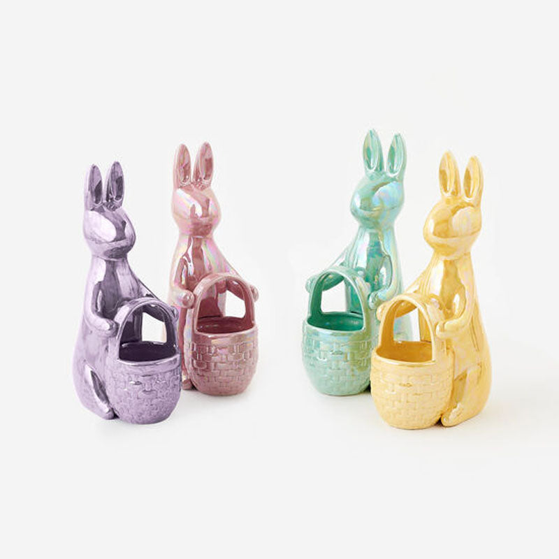 180 Degrees Iridescent Standing Bunny w/Basket, Ceramic, 12"