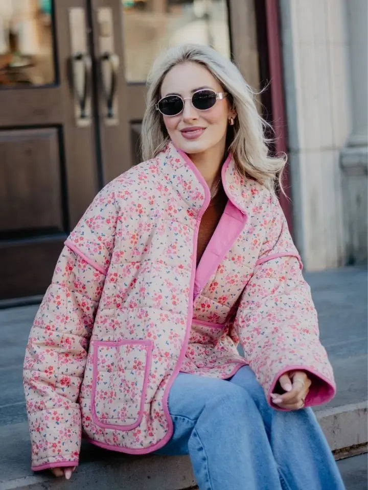 Katydid Pink Dainty Floral Lightweight Quilted Jacket