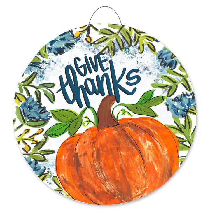Baxter & Me Blue Give Thanks Pumpkin Floral Door Hanger