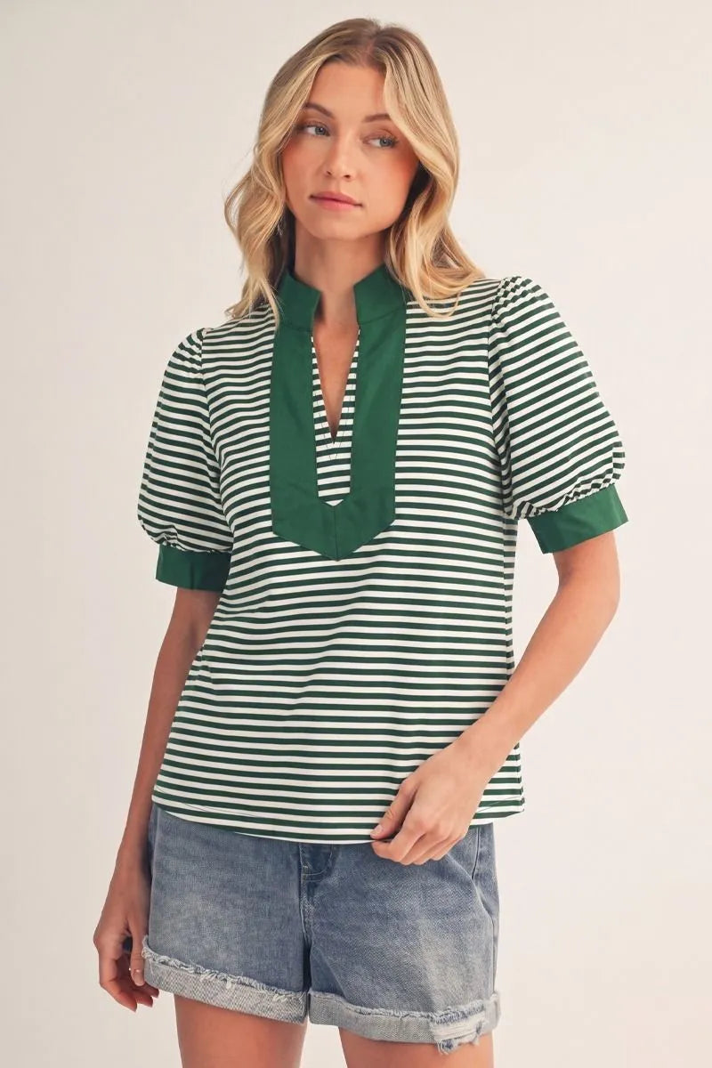Jodifl Short Puff Sleeves High Neck Stripe Top