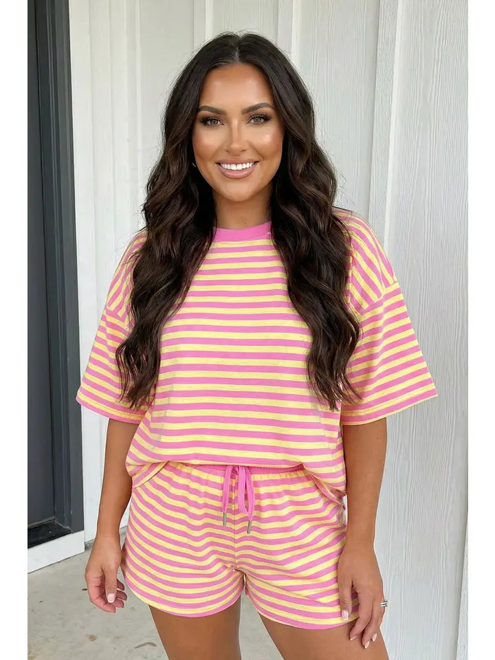 Las Stripe Contrast Trim Boxy Terry Short Set